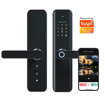 Tuya WiFi Remote בית חכם אבטחה הדלת מצלמה צג Keyless NFC כרטיס טביעות אצבע בשילוב מנעול דיגיטלי עבור דירות