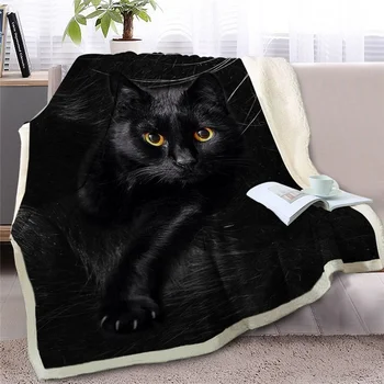 חתול שחור זורק שמיכה על הספה 3D בעלי חיים קטיפה פלנל, שמיכה מחמד חמוד כיסוי פרווה הדפסה דק השמיכה