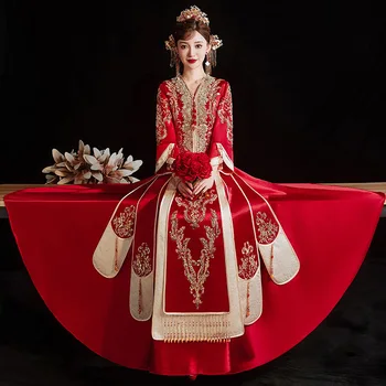 מעולה V-צוואר חרוזים פאייטים רקמה סאטן נישואין חליפה רשמית סינית שמלת החתונה מזרחי הכלה החתן בגדים