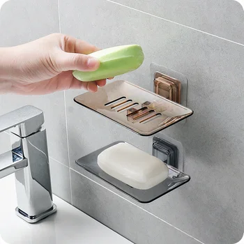 סבון מתלה לא קידוח קיר רכוב שכבה כפולה מחזיק סבון סבון ספוג צלחת אביזרי אמבטיה סבון כלים דבק עצמי