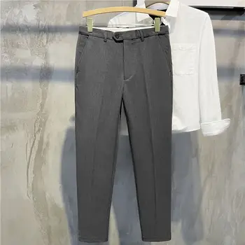האביב קיץ של גברים חליפת מכנסיים Slim עסקי מזדמן במשרד אלסטי המותניים מוצק באורך קרסול קלאסיים קוריאנית מכנסיים זכר H209