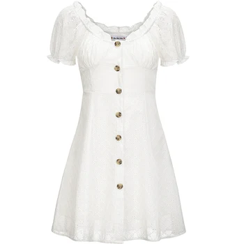 צרפתי בסגנון רטרו הצווארון המרובע פאף שרוול קצר שרוול לבן שמלת תחרה לנשים