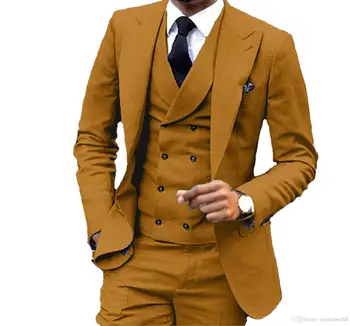 Slim Fit חום צהוב החתן חליפות שיא דש השושבינים Mens שמלת החתונה פופולרי אדם 'קט 3 חתיכה חליפה(ז' קט+מכנסיים+אפוד）