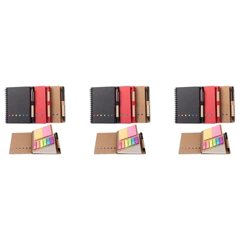 9 חבילות ספירלה מחברת קצרנות כריות מרופדות פנקס עם עט מחזיק, פתקים דביקים, דף סמן בצבע מדד כרטיסיות דגלים