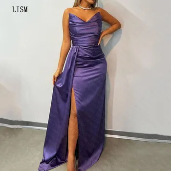LISM קו מתוקה סגול בצד שסף סאטן ערב קוקטייל שמלות לנשף פשוטות ערב רשמי, שמלות צד 2023 חדש שמלת נשף