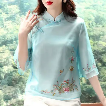 2022 סינית מסורתית החולצה נשים רקמה, פרח Cheongsam מקסימום וינטג ' צ ' יפאו חולצה קלאסית סלים טאנג בגדים סיניים העליון