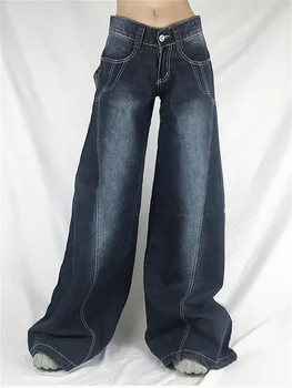 QWEEK סייבר Y2K כחול ג ' ינס באגי נשים מנופחים גראנג שנות ה-90 בציר רחב רגל סרבל מכנסיים נקבה אופנת רחוב פאנק רטרו מכנסיים