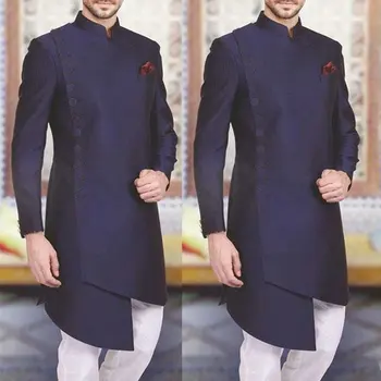 באיכות גבוהה בצבע כחול כהה ארוך ז ' קט של גברים הודית השושבין טוקסידו חתן חליפות לגברים החתונה ללבוש Slim Fit חליפות זכר בלייזר