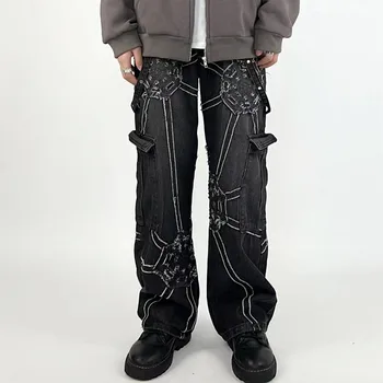 2023 אווירה בסגנון ציוד טלאים שחור היפ הופ באגי גברים מכנסי ג 'ינס כהה אופנת רחוב פאנק ישר מטען ג' ינס מכנסיים מכנסיים