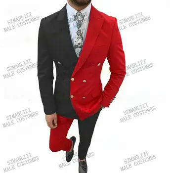 אופנה לשיא דש כפול עם חזה לגברים חליפה בשחור אדום קלאסי השושבינים בחתונה של האיש הטוב ביותר Slim Fit שמלת טוקסידו 2 חתיכה