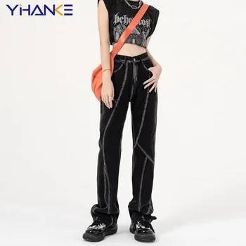 שחור וינטג 'ינס של האישה גבוהה המותניים קיץ רחב רגל סרבל מכנסיים רחבים Harajuku אופנת רחוב עיצוב ישר Y2K מכנס ג' ינס