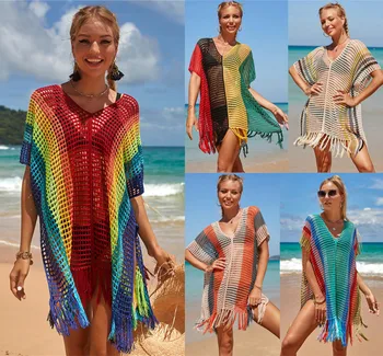 Raiinbow פסים סרוג טוניקה סקסי חלול החוצה ביקיני חיפוי-ציצית רשת שמלת החוף הנשים חוף ללבוש בגד לכסות