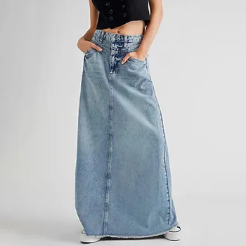 גבוהה המותניים בציר כיס ג ' ינס חצאית בגדי נשים 2023 האביב החדש דק צבע מוצק קו אמצע אורך שמלות ארוכות התוספות