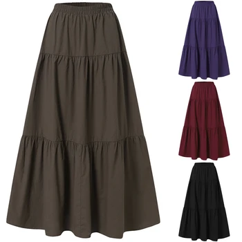 נשים מזדמנים חצאיות ארוכות מוצק צבע קפלים גדול שולי אלסטי המותניים מתאים רופף חצאיות בסגנון פשוט ישבנים