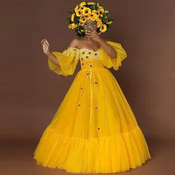 אלגנטי צהוב טול שמלות ערב ארוכה שמלות לנשף בתוספת גודל A-Line 3D אפליקציות רשמיות שמלות לנשים בהתאמה אישית