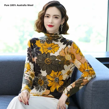 נשים טהור 100% אוסטרליה סוודרים מצמר סתיו & אופנה החורף הדפסה קשמיר בגדי נשים צווארון פרחים סריגים