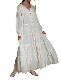 נשים 2023 בוהמי פרחוני שמלת לקשור את צוואר V קפלים להניף את קו מקסי סתיו שמלה שרוול ארוך חוף ארוך שמלה