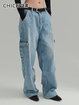 CHICEVER אופנת רחוב ג ' ינס רחב הרגל המכנסיים לנשים גבוהה Wiast חופשי מוצק טלאים כיסי מכנסיים ארוכים נשי באביב בגדים