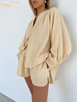 Clacive אלגנטי שרוול ארוך חולצה סט של שתי אופנה חתיכות לנשים בקיץ משמש קצרים להגדיר מזדמן חופשי חליפות עם מכנסיים קצרים