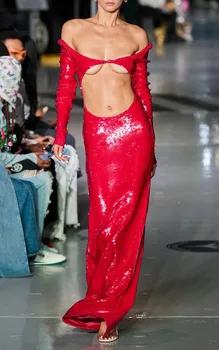 הרכש החדש של מעצב סקסי אדום זוהר פאייטים חורים Bodycon שמלה ארוכה נשים יוקרה אלגנטית Vestidos פארא Mujer ערב המסיבה.