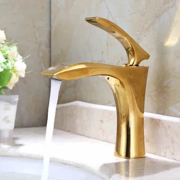 יוקרה ייחודיים זהב פליז הכיור בחדר האמבטיה ברז ידית אחת זהב לשירותי מים קרים וחמים mixeer ברז ברז--