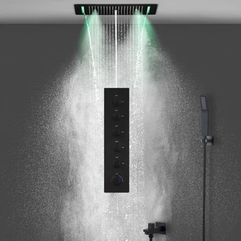 28x15Inch 700x380mm RGB LED מקלחת ראש סט גשם מפל ספא טמפרטורה קבועה אנכי שסתום מערבל שחור מקלחת מערכת