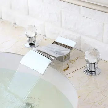 איכות גבוהה נרחב מפל 3 החור בכיור האמבטיה ברז עם ידית קריסטל ידיות פליז מפל שירותים שירותים ברז