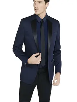 החדש השושבינים חריץ שחור דש החתן טוקסידו מרכז פתח גברים חליפות חתונה מסיבה ללבוש(כחול כהה, ז ' קט שחור+מכנסיים+עניבה)