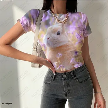 אופנה של נשים הדוקה שרוול קצר חולצה מזדמנת של בעלי חיים חמודים הדפסת 3D המזג של נשים סביב צוואר קצר שרוול קצר למעלה