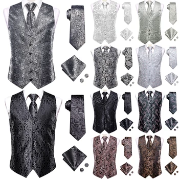 היי-עניבת משי לבן שחור אפור כסוף חום Mens הז 'קט עניבה להגדיר שרוולים ז' קט חליפה וסט עניבה הנקי חפתים גדולים