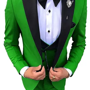 חליפות גברים ירוק החתן שיא שחור דש השושבינים 3 חתיכות להגדיר ( ז 'קט + מכנסיים + אפוד ） Conjuntos דה' קט טוקסידו