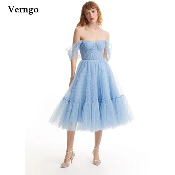 Verngo 2021 קו כחול בהיר מנוקד טול שמלות נשף את הכתף שרוולים תה אורך רשמית מפלגה שמלות שיבה הביתה שמלה