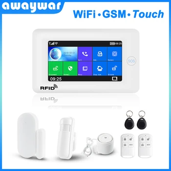 Awaywar WIFI GSM אבטחה בבית פורץ חכם, מערכת אזעקה ערכת 4.3 אינץ מסך מגע Tuya אפליקציה של שליטה מרחוק RFID הזרוע לפרק