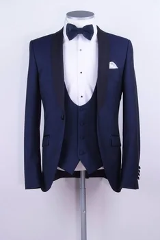הסגנון האיטלקי הים הכחול חליפת חתונה לגברים 3Pieces(ז ' קט+מכנסיים+אפוד+עניבה) אופנה De Trajes גבר חליפת טוקסידו לגברים בלייזר