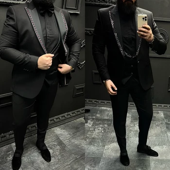 שחור בגדי גברים מחויטים 3 חתיכות בלייזר Veat מכנסיים לשיא דש כפתור אחד חרוזים יהלום החתונה החתן בהתאמה אישית בתוספת גודל