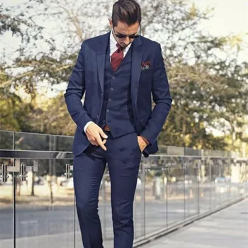 שלושה חלקים בצבע כחול כהה חליפות גברים 2023 בהזמנה אישית שני לחצן החתן לובש Slim Fit חתונה, חליפות לגברים(בלייזר+אפוד+מכנסיים)