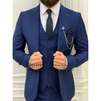 אופנה כחול חליפות גברים עסקית רשמית בלייזר Slim Fit החתונה החתן טוקסידו 3 חתיכה להגדיר אירועים מעיל אפוד מכנסיים תחפושת Homme